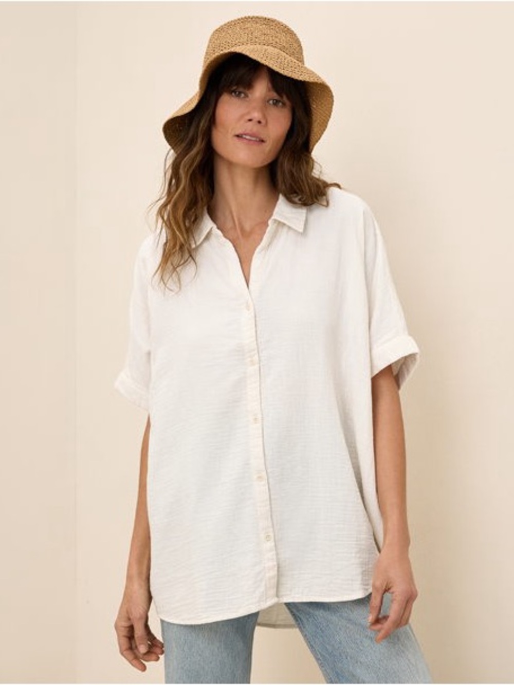 Pact. Coastal Double Gauze Oversized Shirt. Sea Salt White. Size Medium.